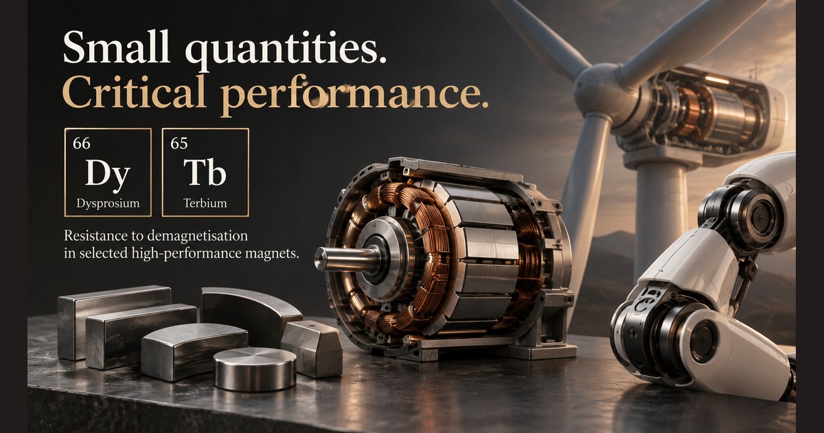 Conceptual motor, magnet shapes, wind-turbine generator and robotic actuator beside dysprosium and terbium element tiles. No quantitative demand or equipment specification is depicted.
