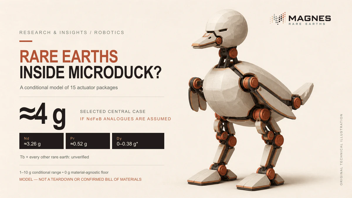 Magnes infografisk som viser en full generisk robotand ved siden av en betinget modell på ca. 4 gram magnetbunden sjeldne jorder dersom NdFeB analoger antas.