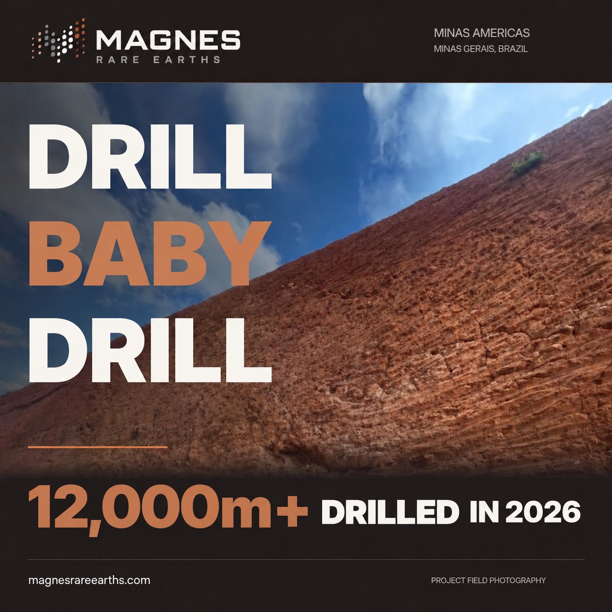 Magnes Minas Americas graphic over a field photograph: Drill baby drill — 12,000 m+ drilled in 2026.